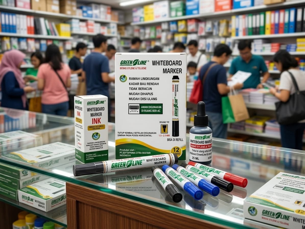 Display akrilik produk spidol ramah lingkungan GreenLine untuk ATK